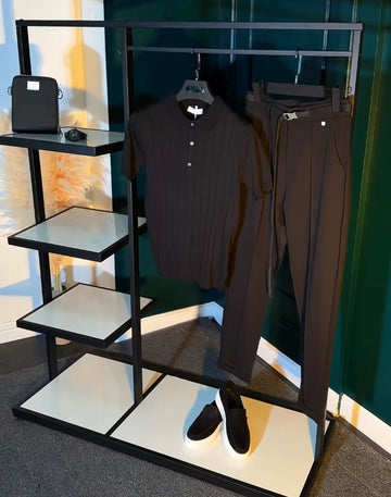 Premium Men’s Black Outfit Set | طقم رجالي كامل Black Polo + Slim-Fit Pants + Slip-On Shoes + Crossbody Bag