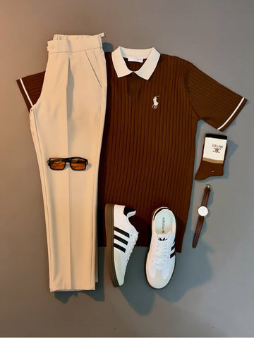 Perfect Combo: T Shirt, Pants & Sneakers& Watch "التركيبة المثالية: قميص، بنطال وأحذية رياضية!" – White & Brown Combo
